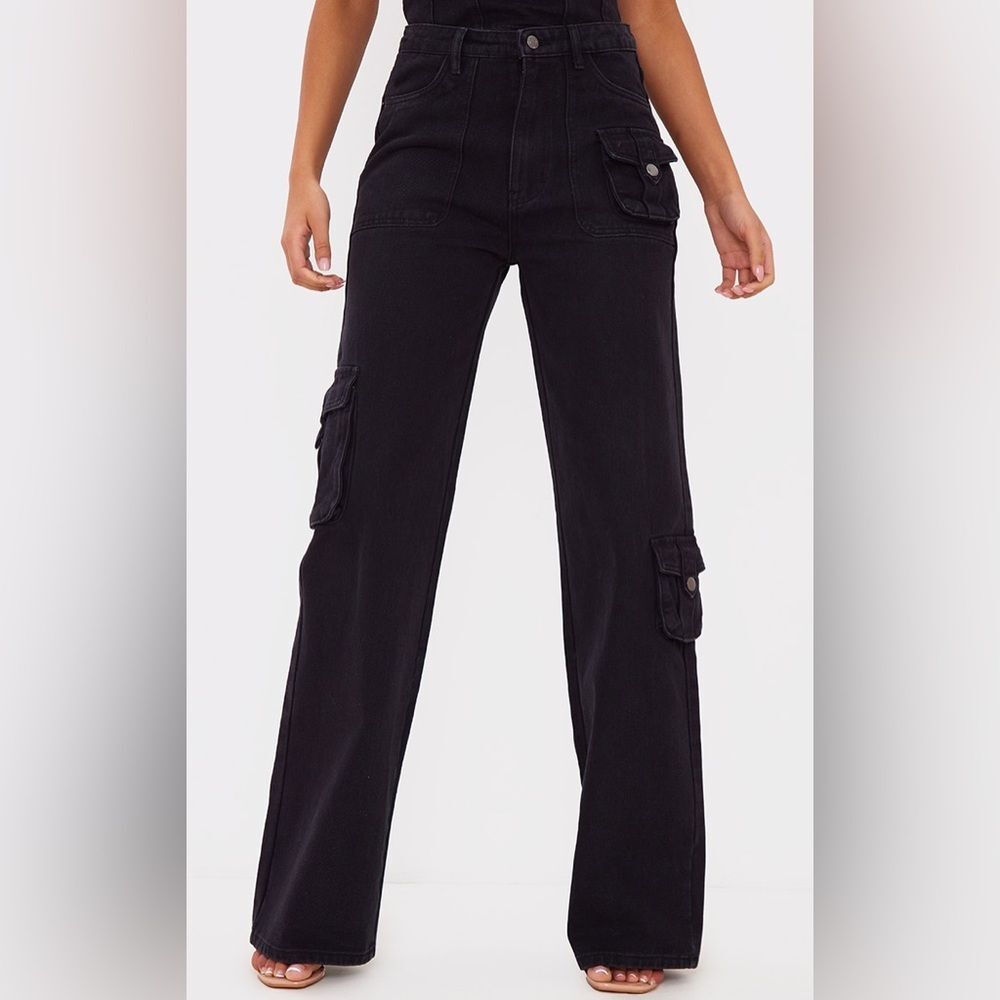 PrettyLittleThings Jeans Size 8 Washed Black Cargo Pocket Wide Leg Relaxed Fit